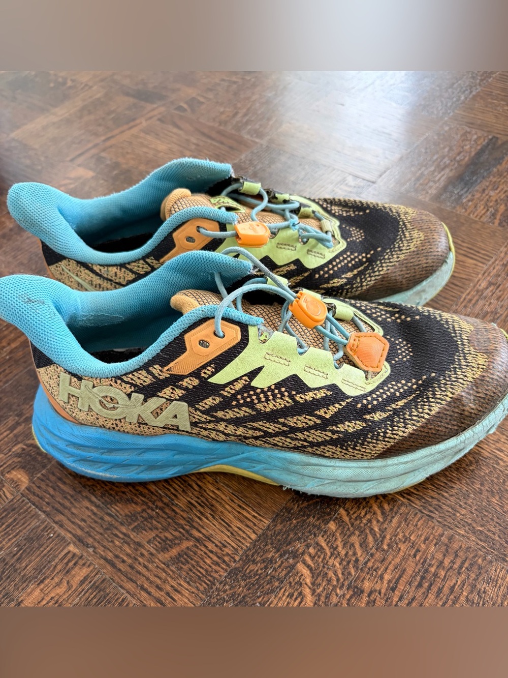 Hoka SpeedGoat Kids Trail Sneakers - Black, Blue & Lime with Orange Accents